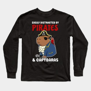 Easily Distracted by Pirates and Capybaras Cartoon Long Sleeve T-Shirt